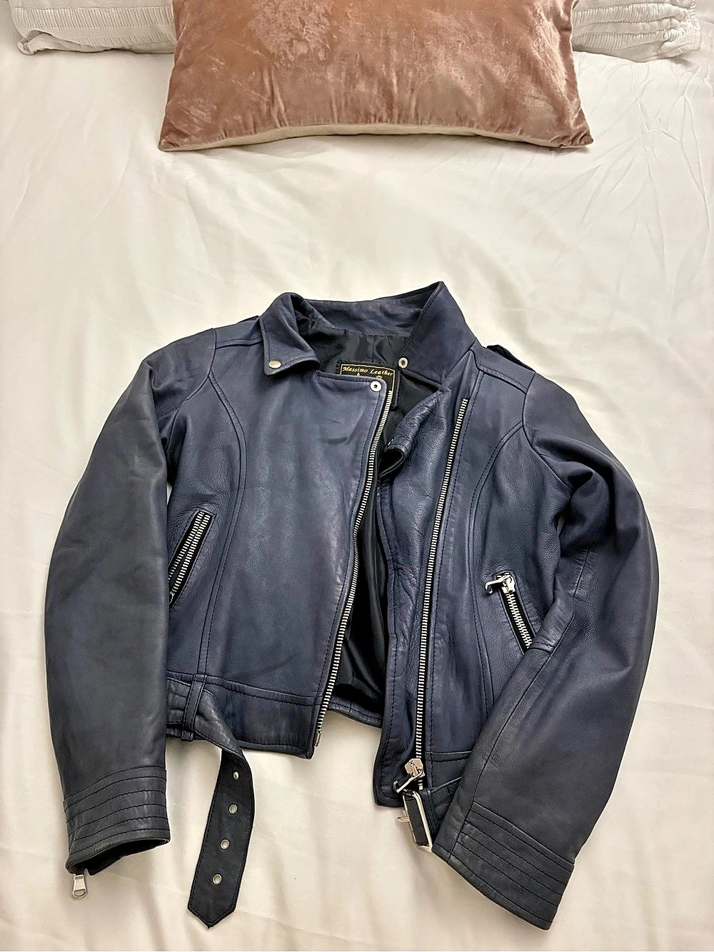 Massimo Leather Moto Jacket in Blue Size 44